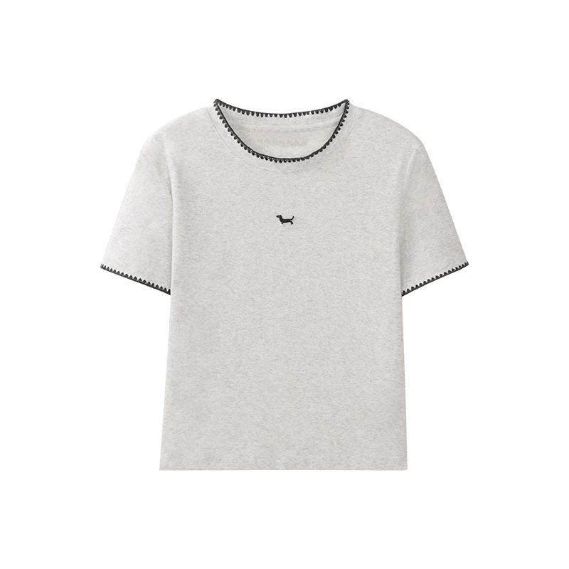 ALXNAN Dames Grijs T-shirt 2025, Zomer Borduren Korte Mouw T-shirt Elegant Katoen Kant Insert Chic Casual Top Dames L55132