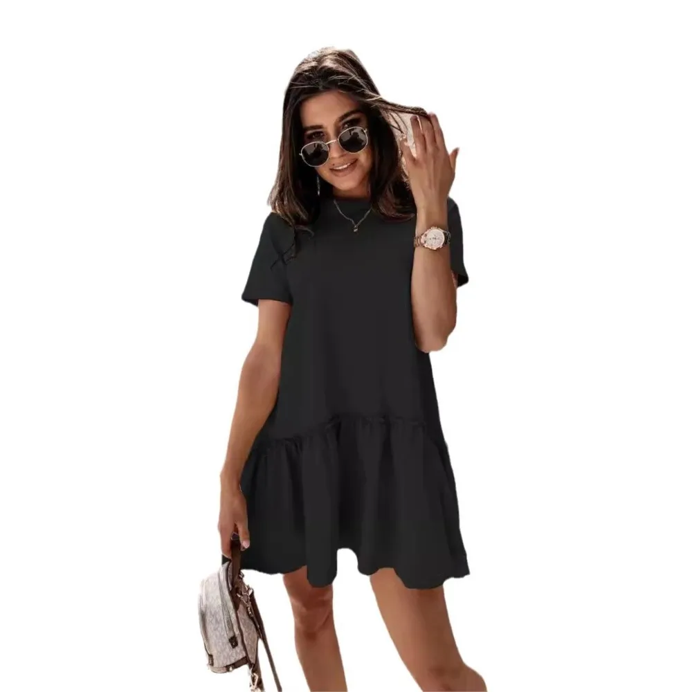 عادية بلون س الرقبة تي شيرت قصيرة الأكمام فستان المرأة الصيف نمط جديد موضة كشكش كبير يتمايل فستان فضفاض 2025