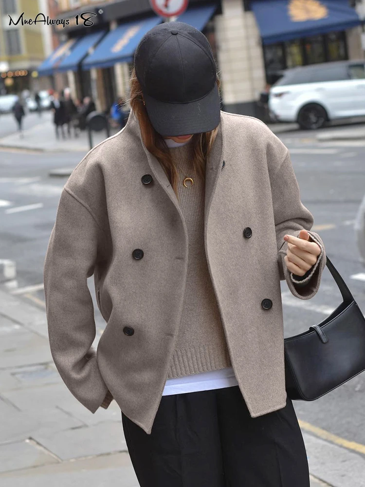 Mnealways18 Street Drop Shoulder Woolen Coats Stand Collar Oversize Vintage Outerwear 2024 Office Lady Brown Casual Jackets Warm