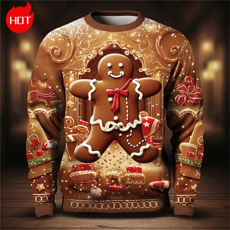 Gingerbread Man 3D Printing Sweatshirts Vintage Happy Christmas Graphic Round Neck Hoodie Fashion Ugly Christmas Sweatshirt Tops