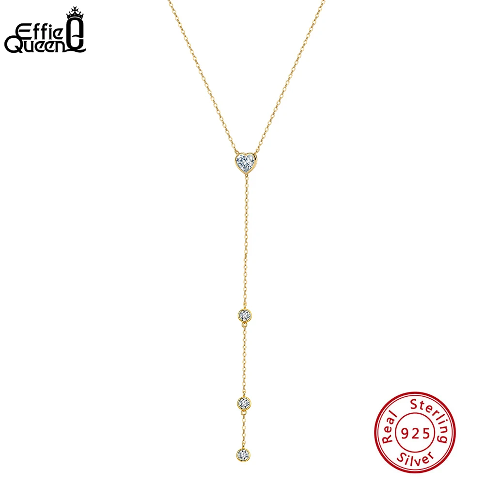 EFFIE QUEEN 925 Pure Silver Geometric Zircon Pendant Y Shape Chain Necklace Heart Round Cut CZ Y Chain Fashion Jewelry BQN37