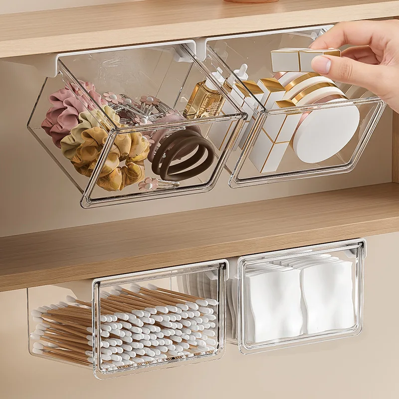 Plastic Drawer Style Storage Box Self Adhesive Large Capacity Makeup Storage Container Transparent Space Saving