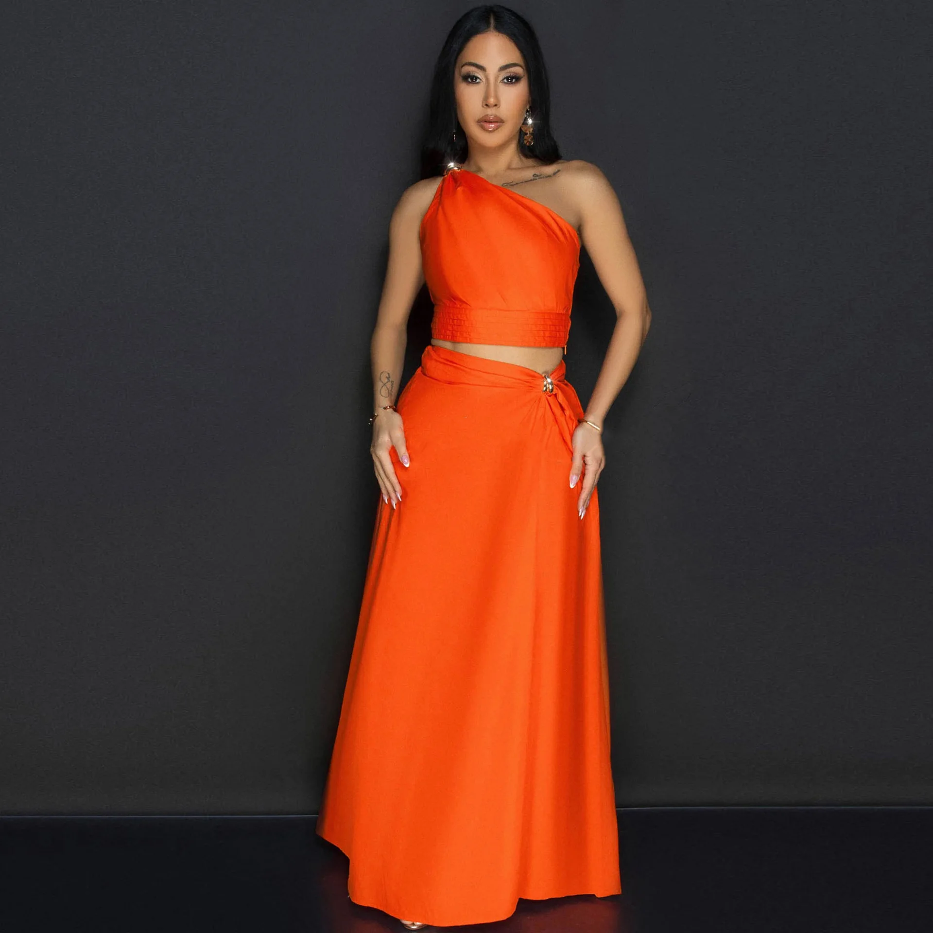 

Women's Two-piece Solid Color Slanted Shoulder Slit Sleeveless Top Casual Long Skirt Set for Summer 2025