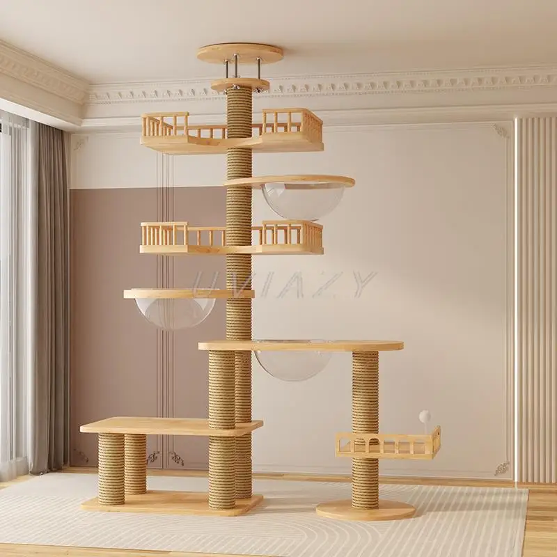 Multi-Level Floor-to-Ceiling Cat Tree Wood Climbing Frame Tree Scratching Sisal Pillar Jumping Platform Tower Height 250-270cm