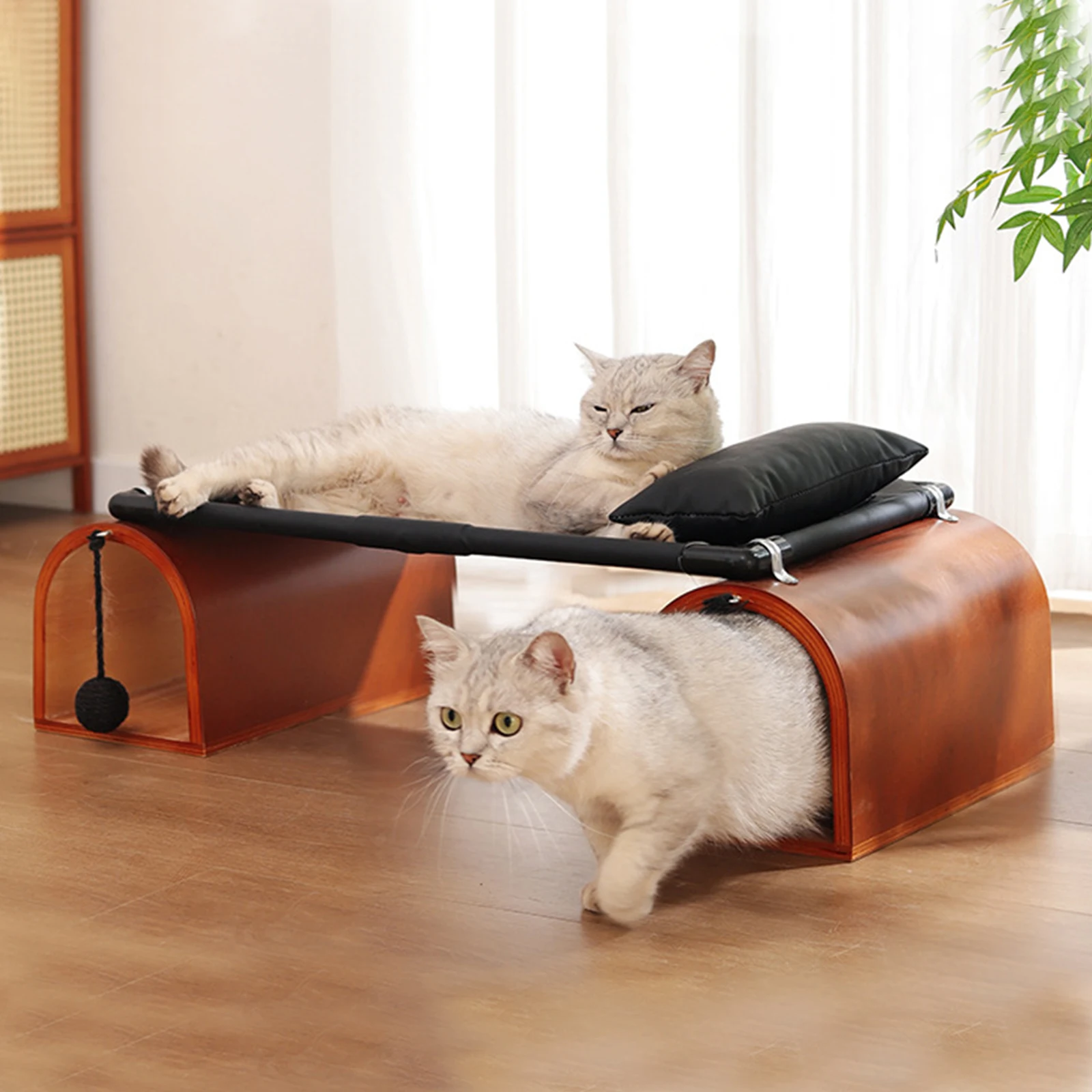

2-in-1 Tunnel Elevated Cat Bed Breathable Pet Camp Bed for Multiple Cats (Black)