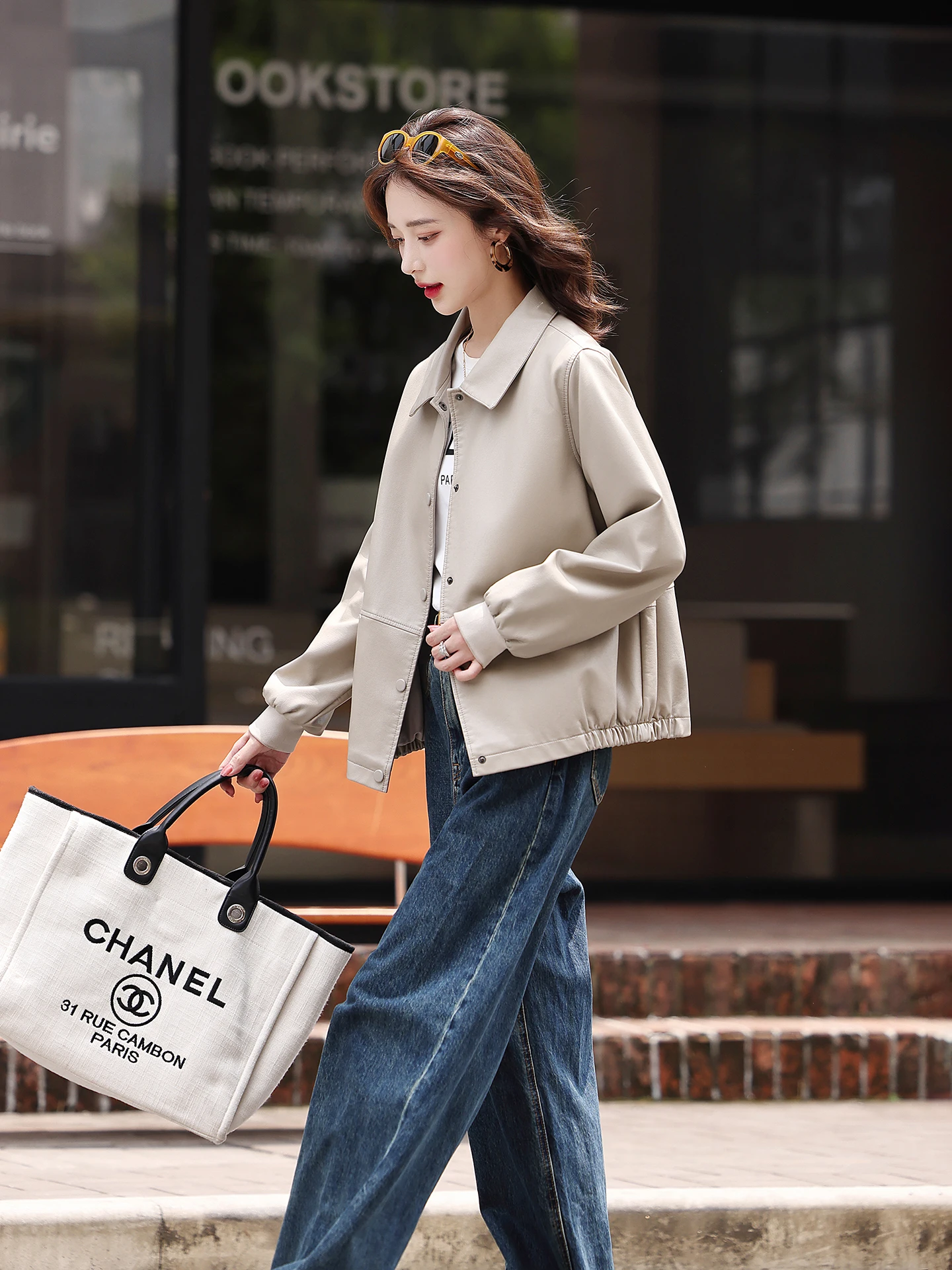 

Ning ort Genuine Leather Jaet Women's Casual Sle Korean Version New Spring Autumn Slimming Versatile eepskin Coat