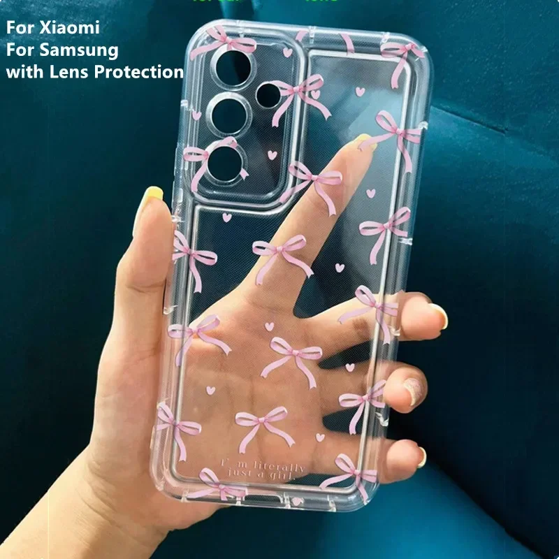 Cute Ponk Heart Bow TPU Case for Samsung Galaxy S25 S24 S23 S22 S21 Ultra Plus FE A53 A14 A15 A35 A55 Transparent Airbag Cover - náhled 4