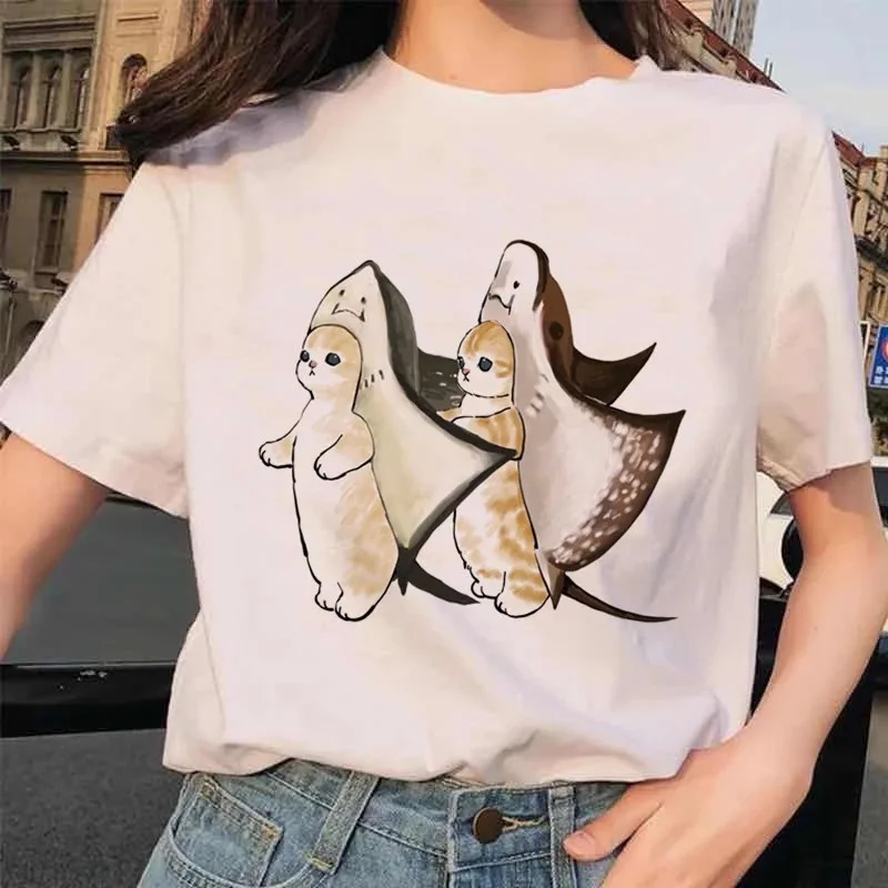 T-shirt estiva da donna nuova divertente Kawaii Cartoon Cat Print Harajuku High Street Casual Versatile girocollo maniche corte Unisex