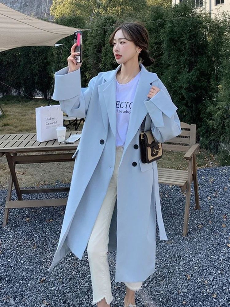 

Brand Fashion Spring Casual Double Breasted Simple Classic Long Trench Coat For Women With Belt Chic Female Windbreaker