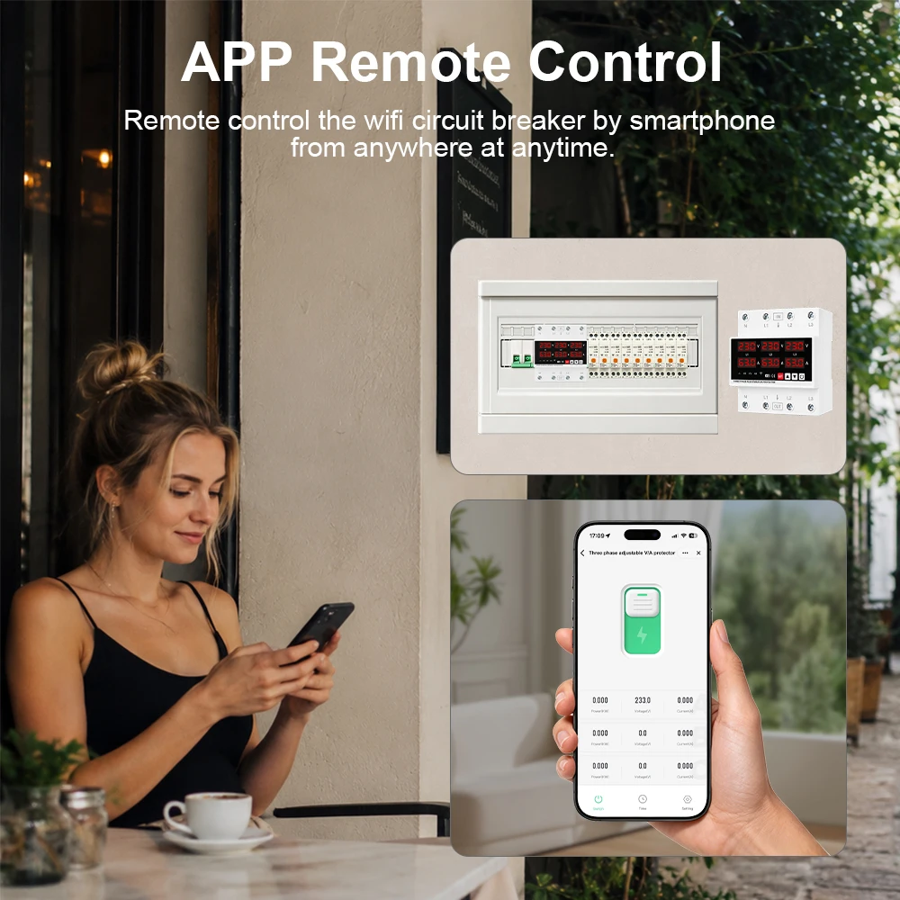 MANHOT Three Phase Adjustable Protector Under/Over Voltage Over Current Miss Phase Protection Work with Tuya Alexa Google Home