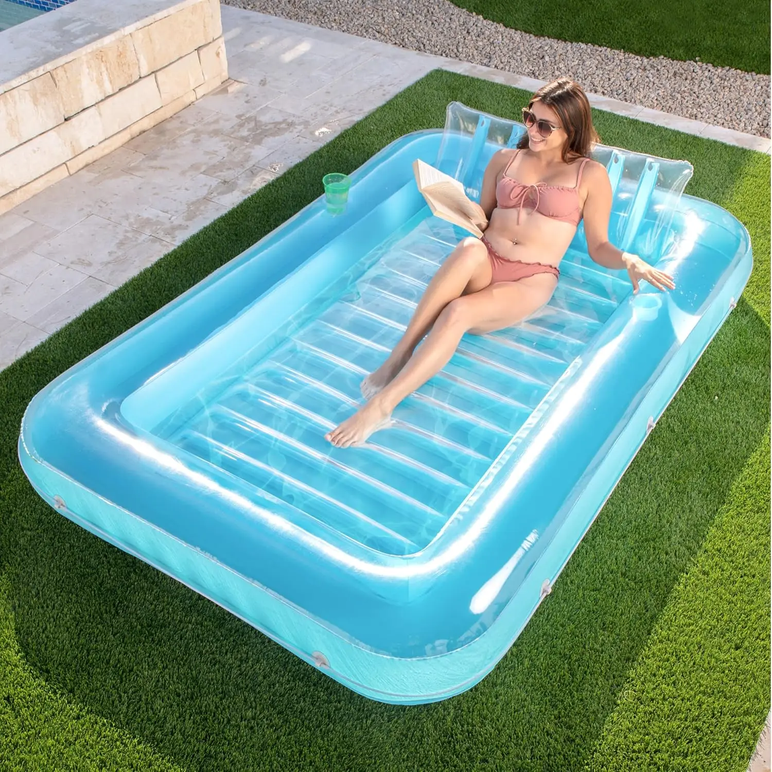 

Extra Large Inflatable Tanning Pool Lounger with Pillow, 4-in-1 Sunbathing Float for Adults, Blue
