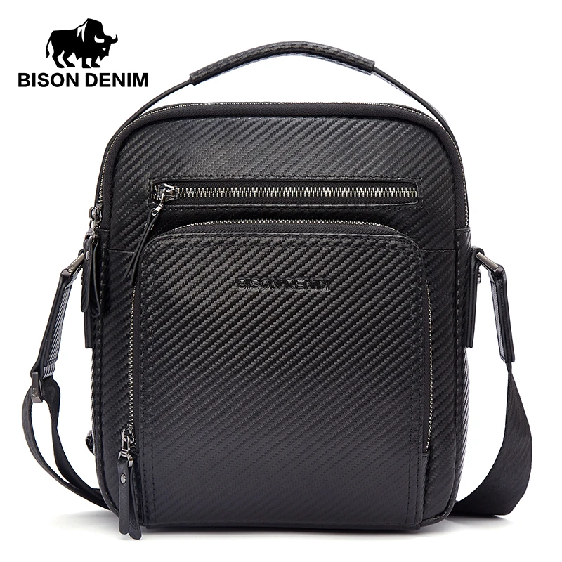 BISON DENIM Carbon Fiber Messenger Bag Men Casual Cowhide Leather Shoulder Crossbody Bag Gift Designer Handbags