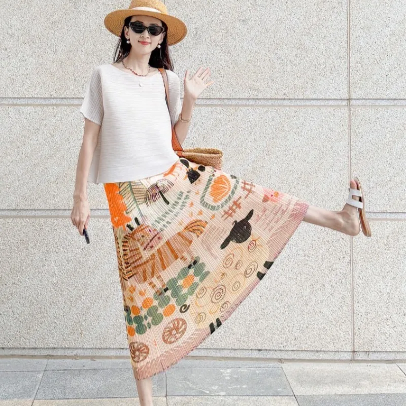 Miyake Pleated Fashion Short-Sleeve Top Women Stretch T-Shirt Printed Skirt Summer Slimming Versatile Vacation Set Wrinkle-Free