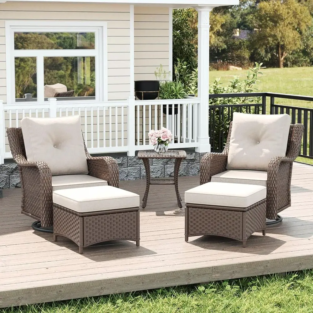 

5-Piece Wicker Outdoor Furniture Set with Cushions, High-Back Swivel Rocking Chairs and Side Table