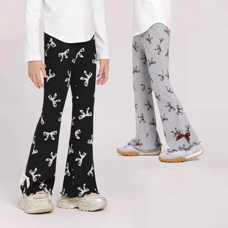 Girl's Pants 2025 New Children's Bow Print Micro-flare Trousers Kids Casual Summer Thin Pants Girls Spring Fashion Clothes 3-12Y
