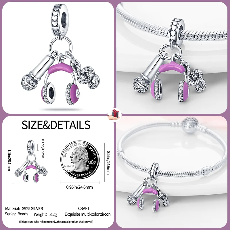 Cuentas elegantes de Plata de Ley 925 para pulsera Pandora Original, joyería fina para fabricación de regalos, Serie de música, violín y guitarra