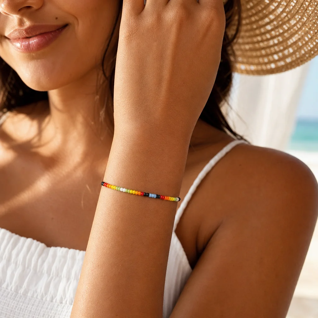 1pc Thin Multicolor Round Glass Bead Strand Bracelet with Adjustable Tie Cord Boho Style for Women Summer Beach Outfit