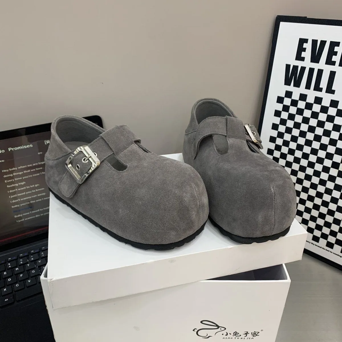 

Women's Big Head Birken Shoes Casual Leather Flat Mary Jane Buckle Strap Comfortable Slip-On Loafers Daily Wear Plus Size Soft