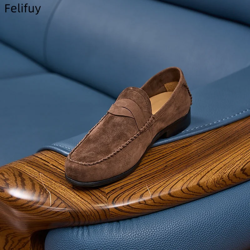 New Coffee Men's Cow Suede Slip On Loafers Preppy Lightweight Breathable Flats Non Slip Daily Fashion Casual Outdoor Sneakers
