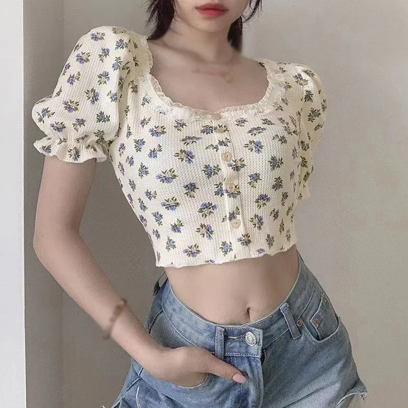 Summer Floral Printed T-Shirt Women  Puff Sleeve U-Neck Buttons Slim Exposed Navel Shirt Top Ladies Fashion Sweet Clothes