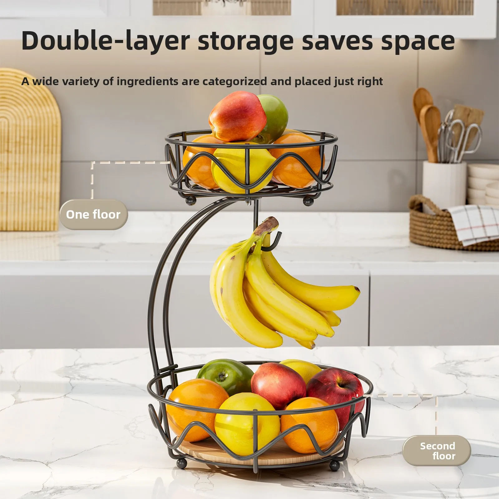 

Wrought iron fruit basket wooden bottom snack storage fruit plate banana hook round removable fruit and vegetable storage basket