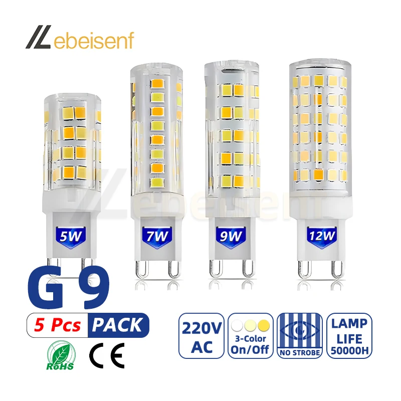 5 Pcs Highlight G9 LED 3-Color Lamp Bulb AC 220V 5W 7W 9W 12W SMD2835 3000K 4000K 6000K Switch Control No Flicker Ceramic Lights