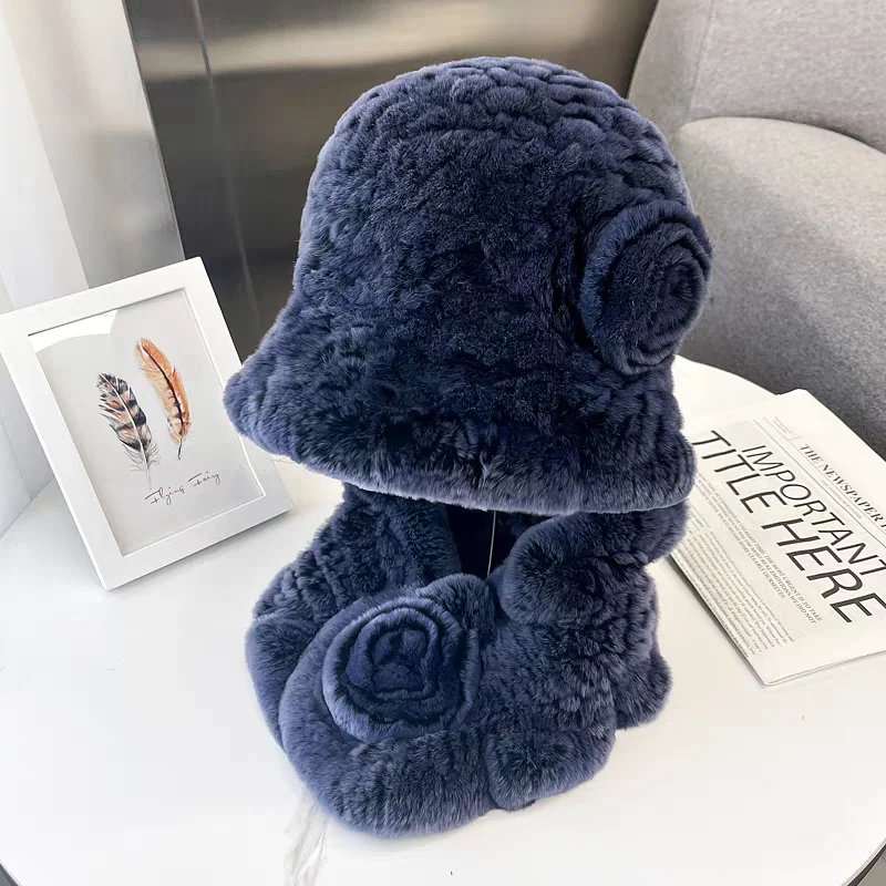 Hand Knitted Thick Warm Beanie Hats Weave Genuine Rex Rabbit Fur Hat Scarf Set