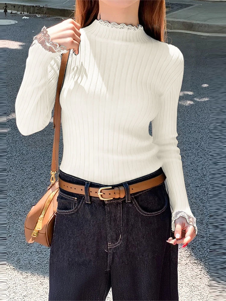 

ZANZEA Elegant Lace Patchwork Pullover Sweaters Women 2025 FW Mock Neck Long Sleeve Solid Color Knitted Sweater 3 Colors