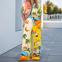 2025 New Printed Color Blocked Holiday Wide Leg Pants For Wearing Women's Fashion Set