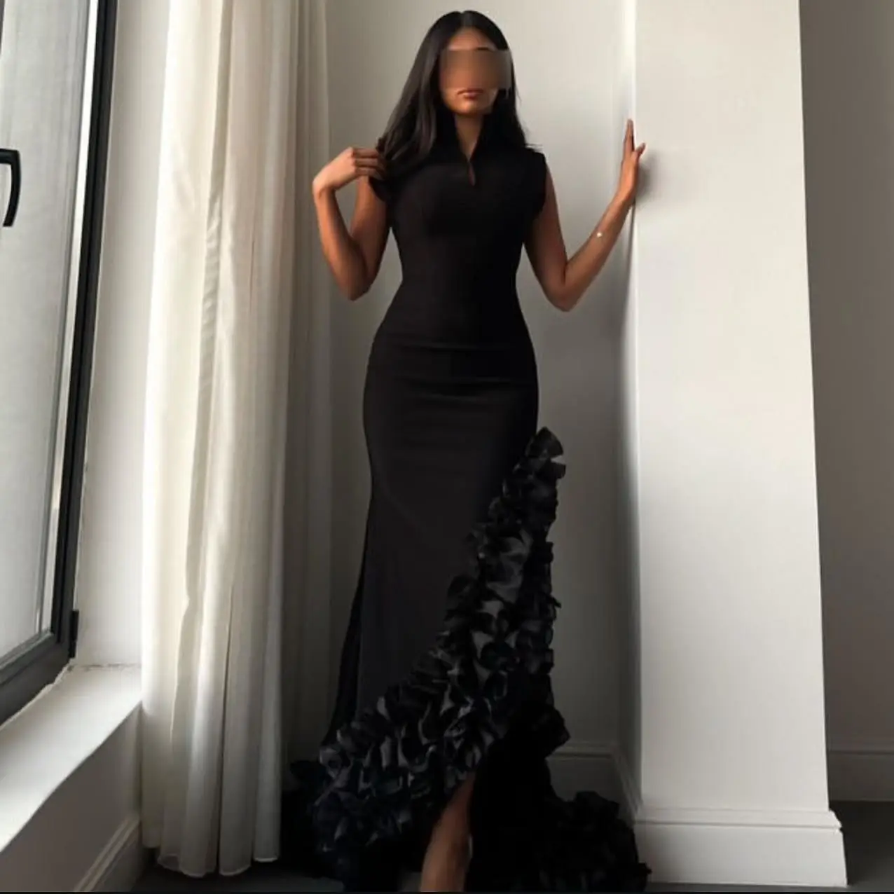

Customized Classic Mermaid Crew Neck Sleeveless Evening Dresses Graceful Ruffles Pleats Black Vestido De Festa Vestido De Noche