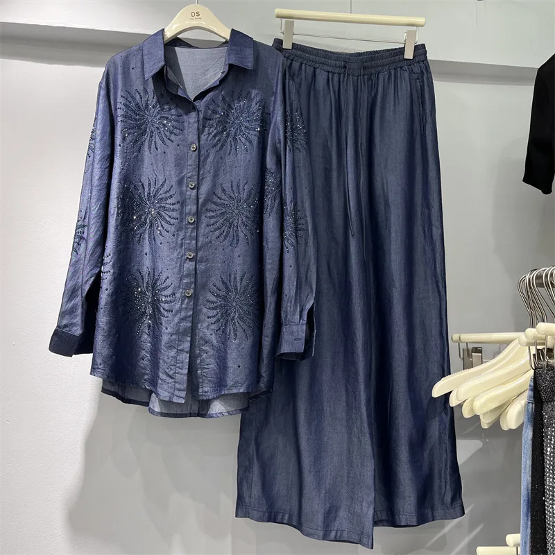 

SuperAen Diamond Pattern Single-buttoned Blue Denim Long-sleeved Shirt Loose-waist Straight Wide-leg Pants Sets