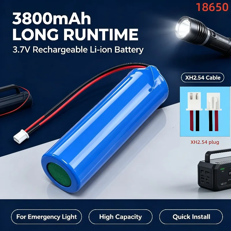 Rechargeable 18650 Battery 3.7V 3800mAh With XH2.54 Socket Line Replacement For Emergency Lamp