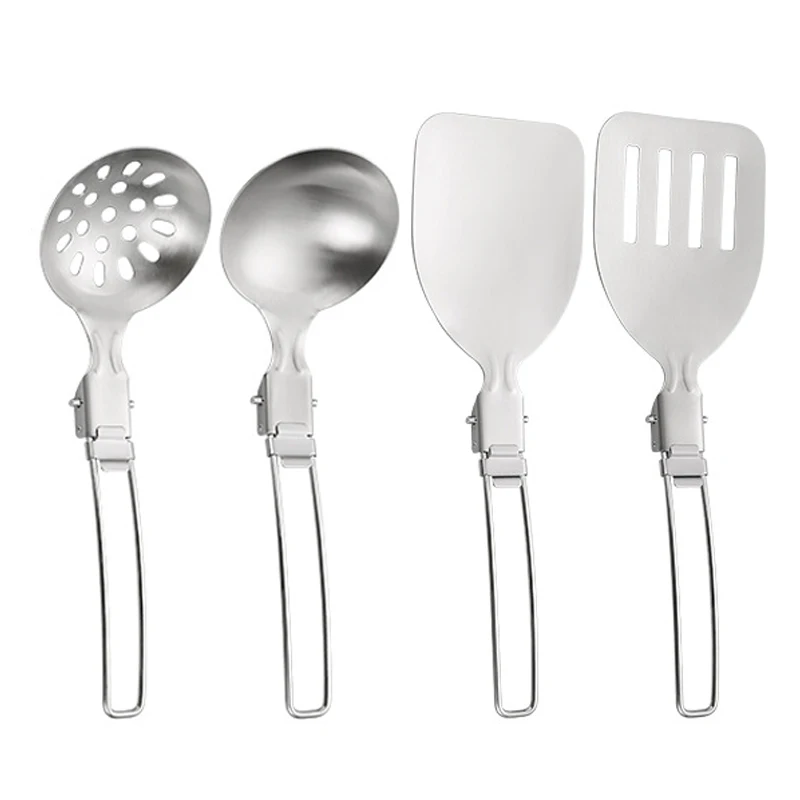 4PCS Outdoor Folding Kitchenware Set Camping Travel Portable 304 Stainless Steel Stir Frying Pot Shovel Soup Spoon