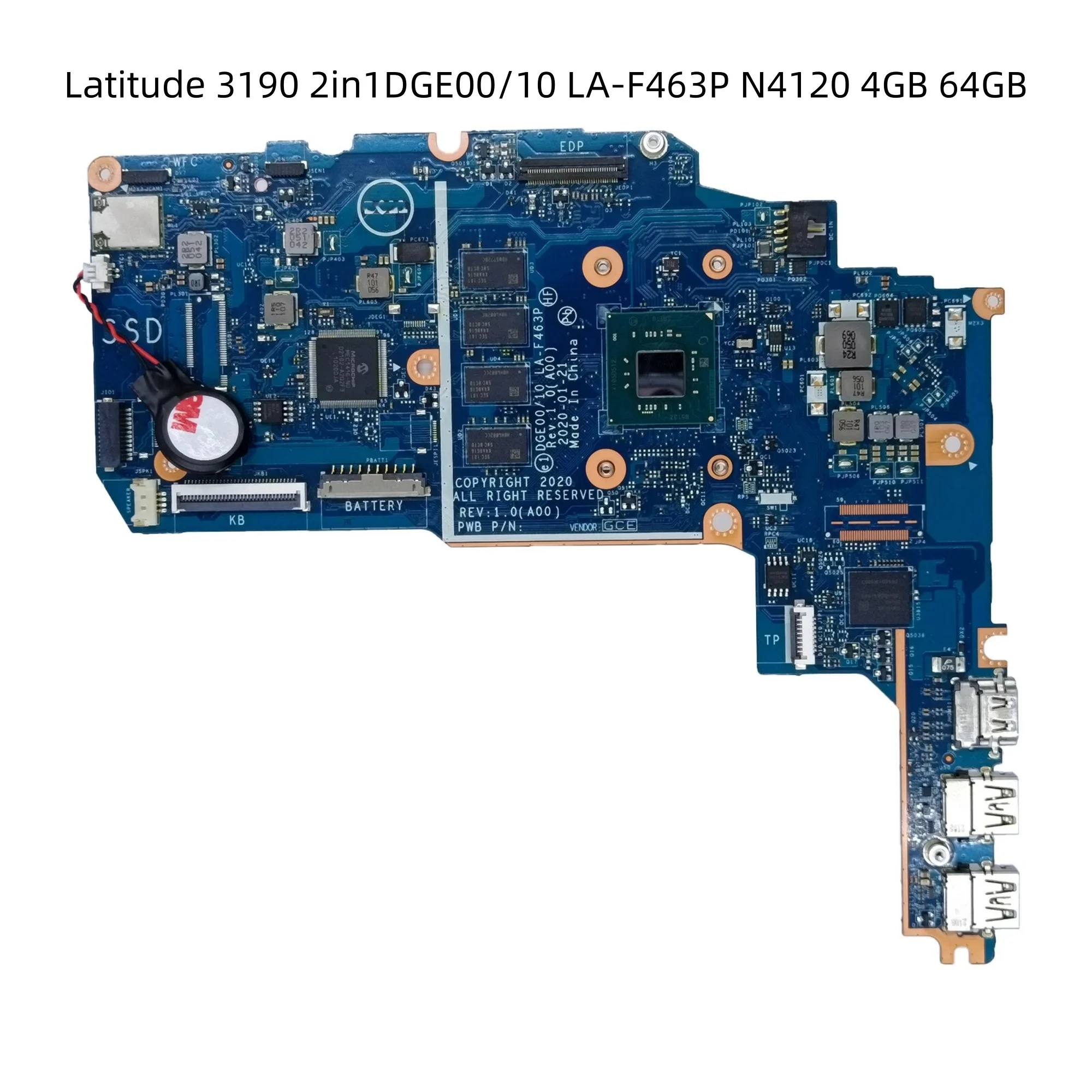 For Latitude 3190 2in1DGE00/10 LA-F463P N4120 4GB 64GB 0W6T2Y