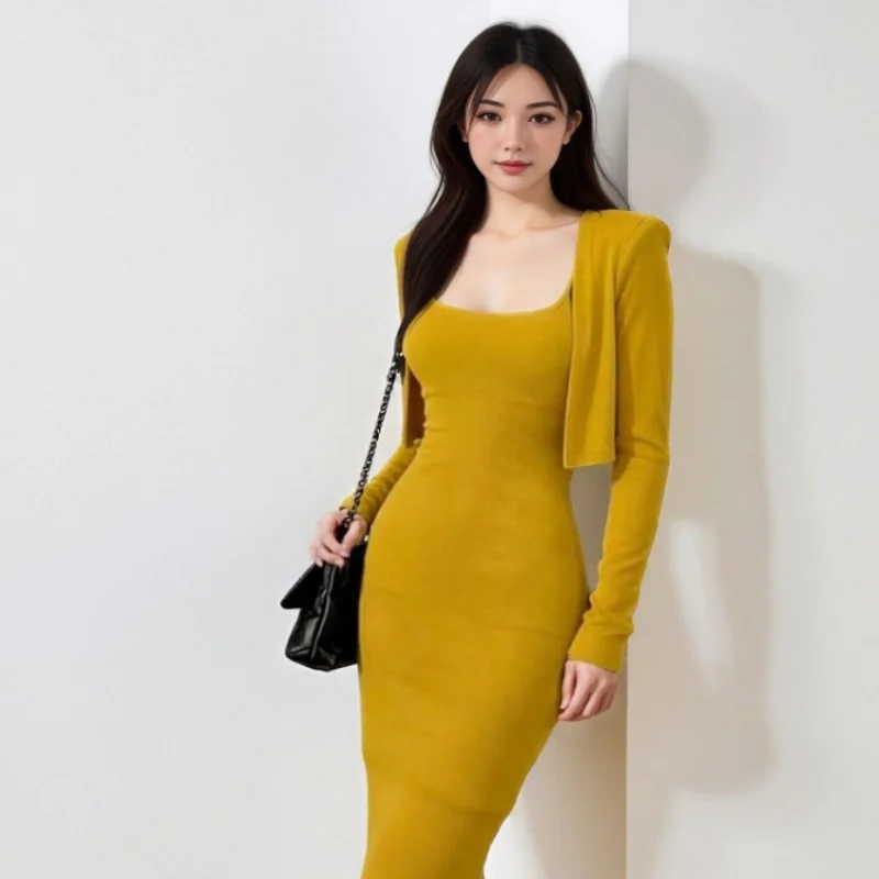 Kardashian Style Long Sleeve Wrap Body Fish Tail Strap Dress Sexy Cardigan Women's Fashion Set Casual Spring Polyester Fiber