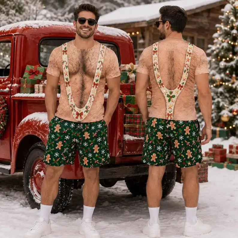Camiseta divertida con estampado navideño en 3D para hombre, camiseta con ilusión de bikini + pantalones cortos, conjunto de vacaciones para fiesta navideña