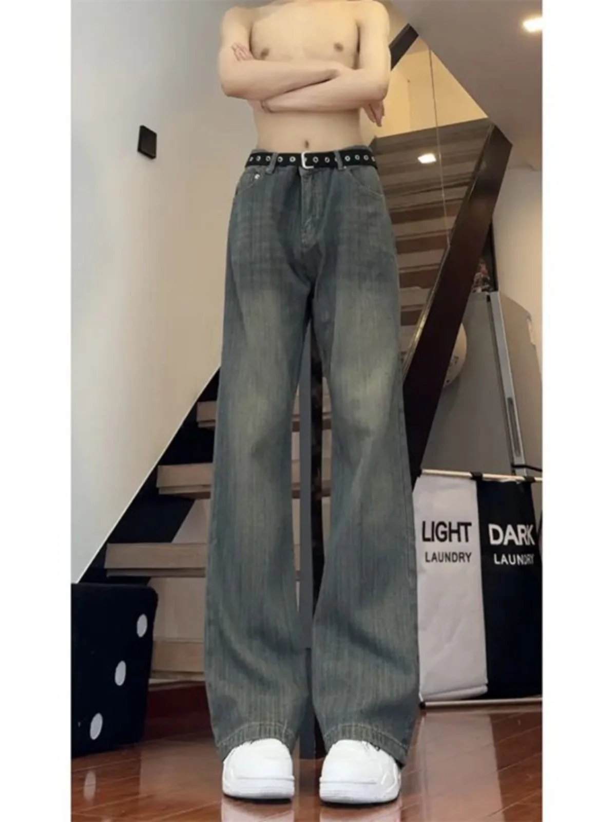 

American High Street Vibe Men's Slim Fit Elastic Bamboo Pattern Jeans Long Straight Micro Flared Pants Youth Trendy Cotton Po...