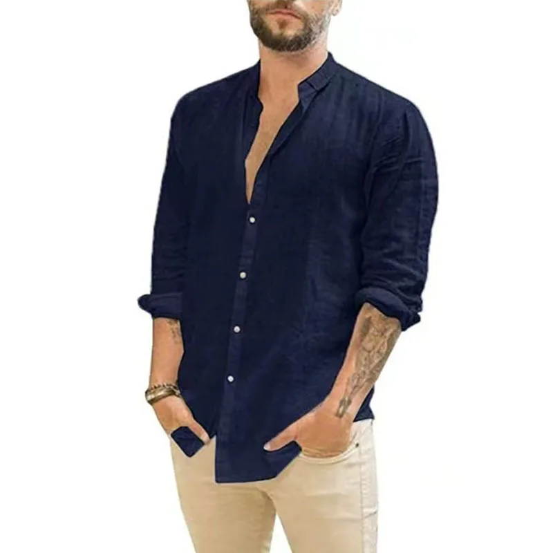 2024 New Shirts European and American Men\'s Loose Linen Shirt Cardigan Solid Color Leisure Collar Long Sleeve Comfort Polo Shirt