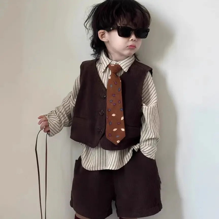 

3 PCS set Spring Autumn Boy Clothing set Casual Corduroy vest Shirts Shorts Tie Kid Children baby toddler Handsome clothes 2-10