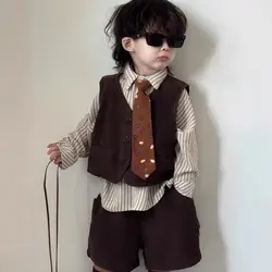 3 PCS set Spring Autumn Boy Clothing set Casual Corduroy vest Shirts Shorts Tie Kid Children baby toddler Handsome clothes 2-10