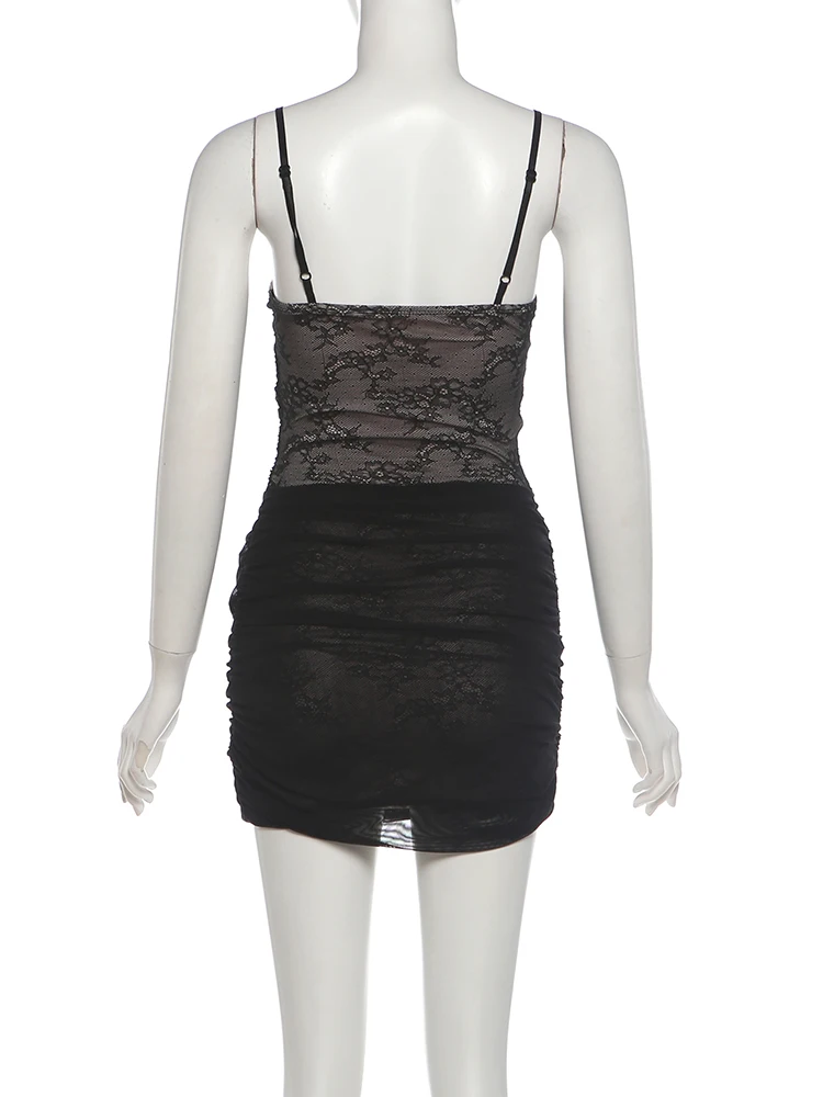 Weird Puss Hottie Partykleid Damen Sexy Jacquard Patchwork Hohlkreuz Raffung Tiefer Ausschnitt Ärmellos Mode Street Club Bodycon – Detail 5