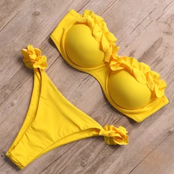 Maillot de bain sexy à volants pour femmes, ensemble deux pièces, culotte tanga, soutien-gorge push up, imprimé léopard brésilien, tankini