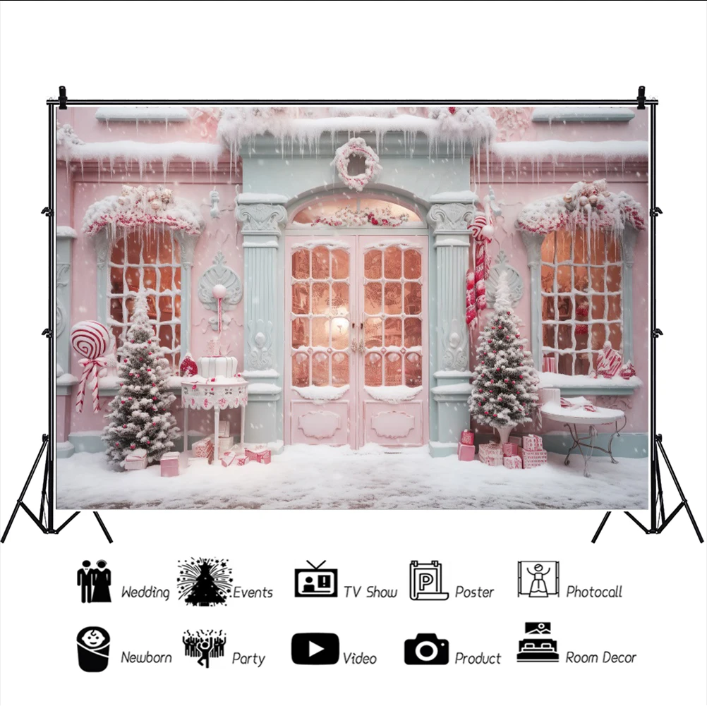 Christmas Candy Store Backdrop Xmas Tree Gifts Toy Store Window Winter Snowman Baby Portrait Photography Background Photo Studio