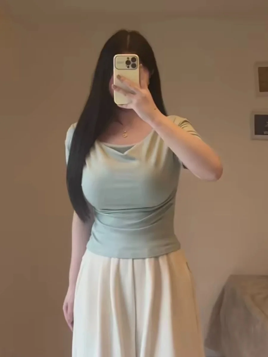 

Женская футболка Slim Fit с коротким рукавом больших размеров, новинка 2025 года, эластичная, утягивающая, в корейском стиле, с эффектом стройности