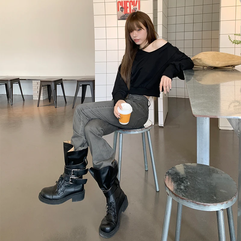 Women Flare Jeans Fashion Skinny Bell Bottom High Waist Gray Denim Pants Lady Classic Y2K Rivet Decoration Long Trousers