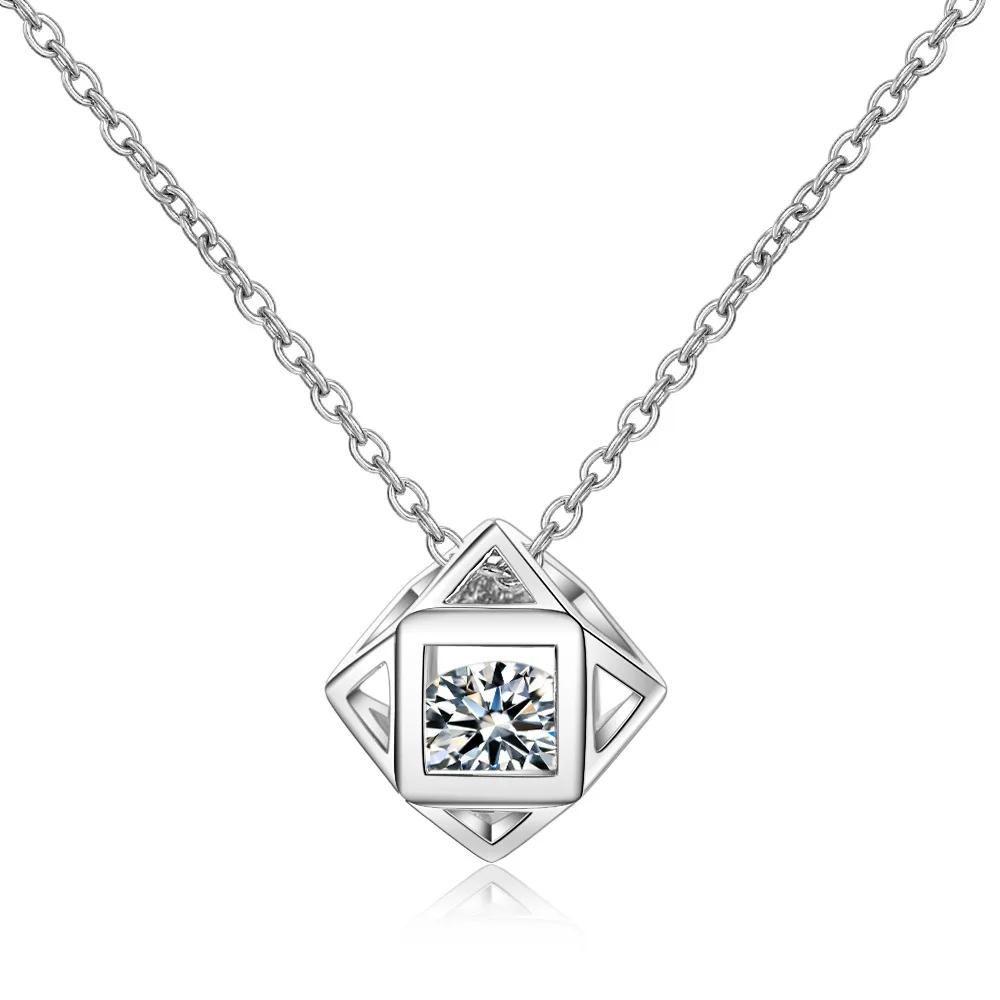 S925 Sterling Silver Women's Collarbone Chain Rubik's Cube Zircon Pendant Necklace (40cm + 3.5cm) Luxury Jewelry