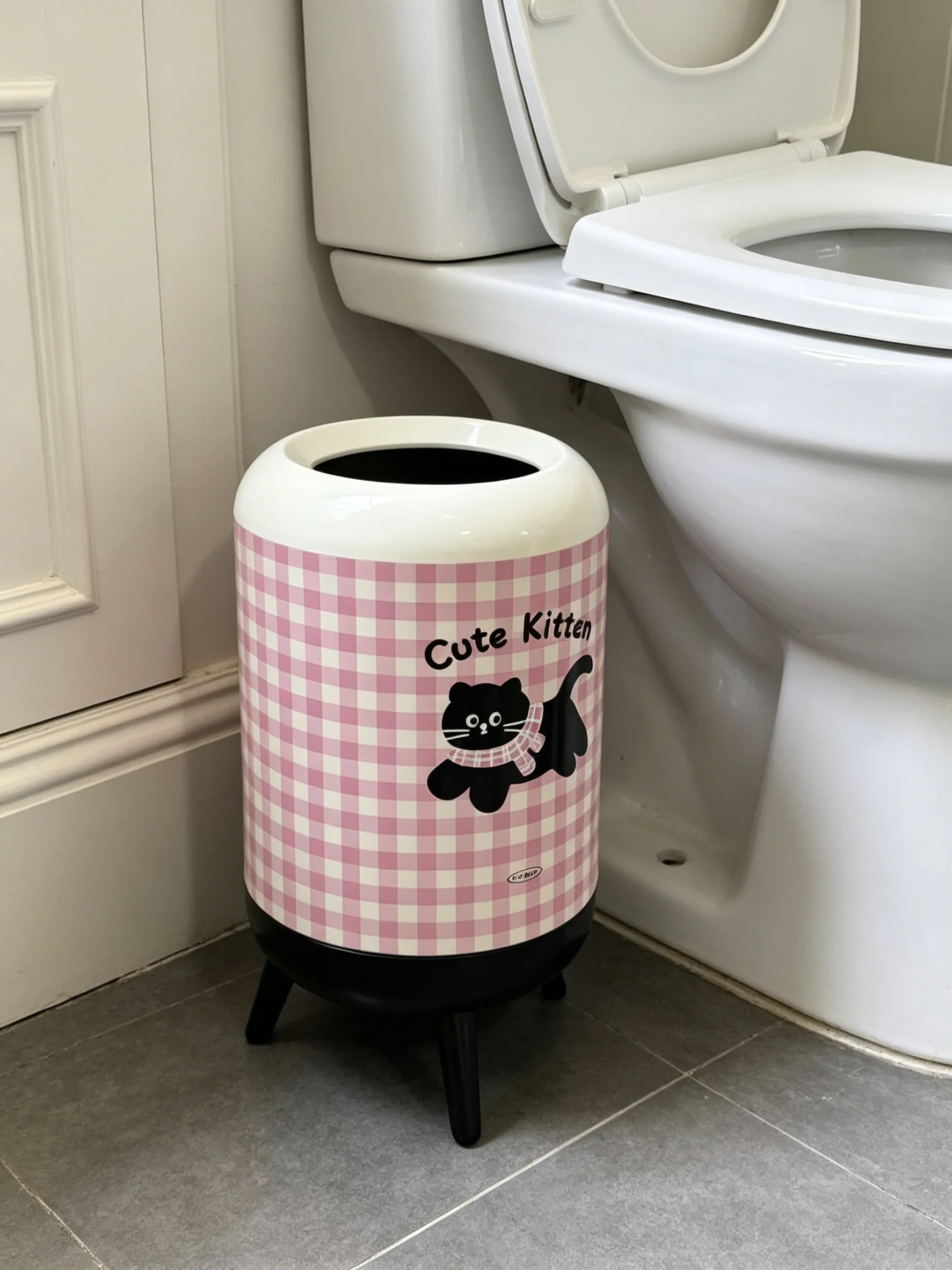 

Cute Kitten Trash Can with Legs, Round Waste Bin for Bedroom