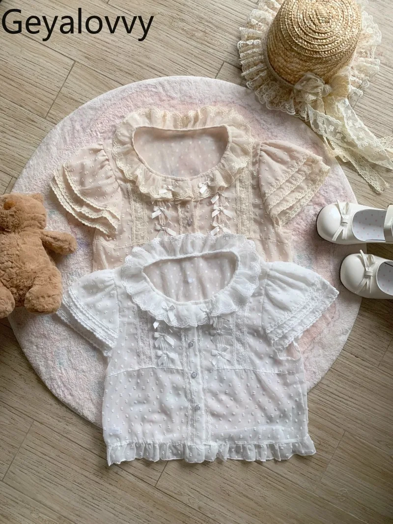 

Kawaii Lolita Inner Top Lace Lace Collar Short-sleeved Mesh Shirt Sweet and Cute Women's New Summer Short Lining Blouse