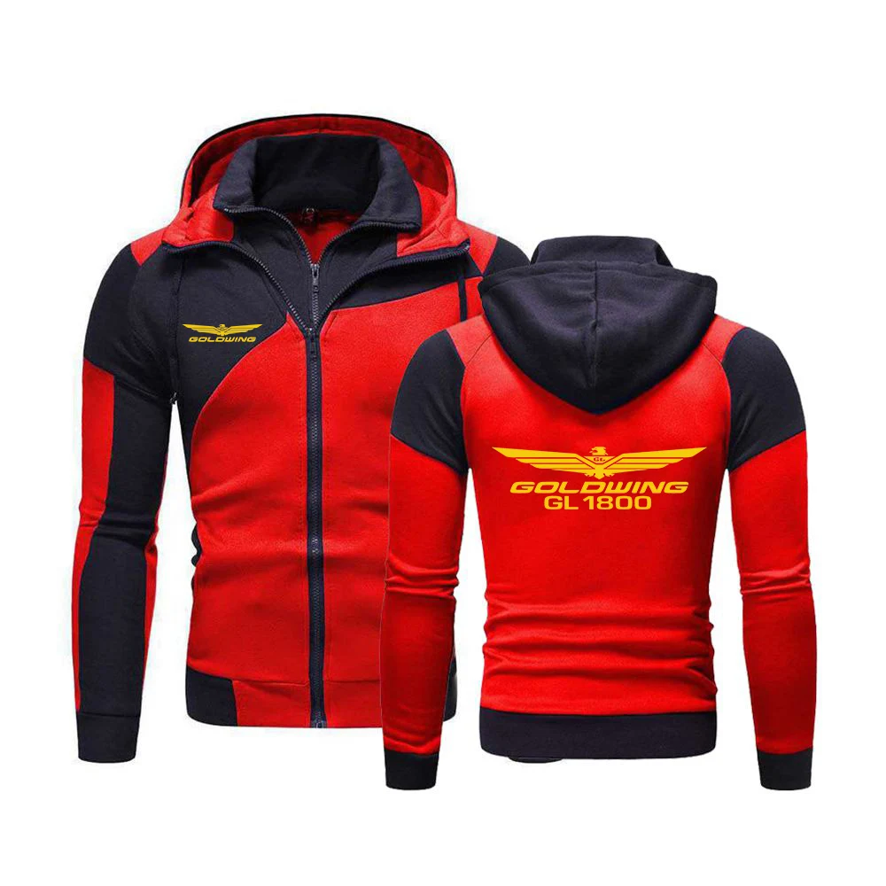

Men New Goldwing GL1800 Motorcycle Stylish Spring and Autumn Printing Hooded Color Matching Hoodie Double Zipper Pullover Tops
