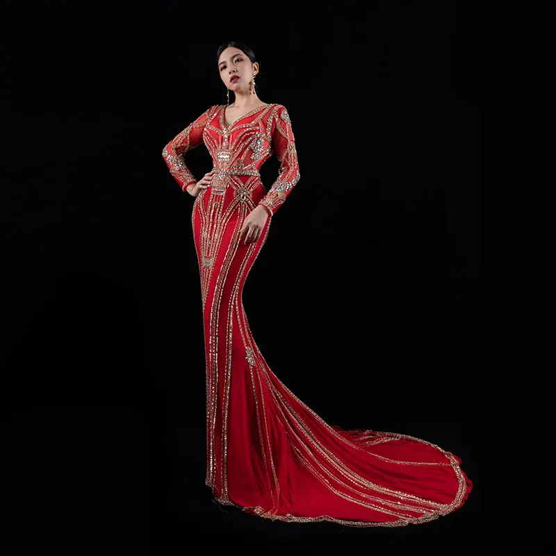 Custom Dubai Red Evening Dress Mesh Yarn Heavy Handmade Beaded Wedding Dress Long Sleeve Gown Formal Occasion فساتين سهرة H993